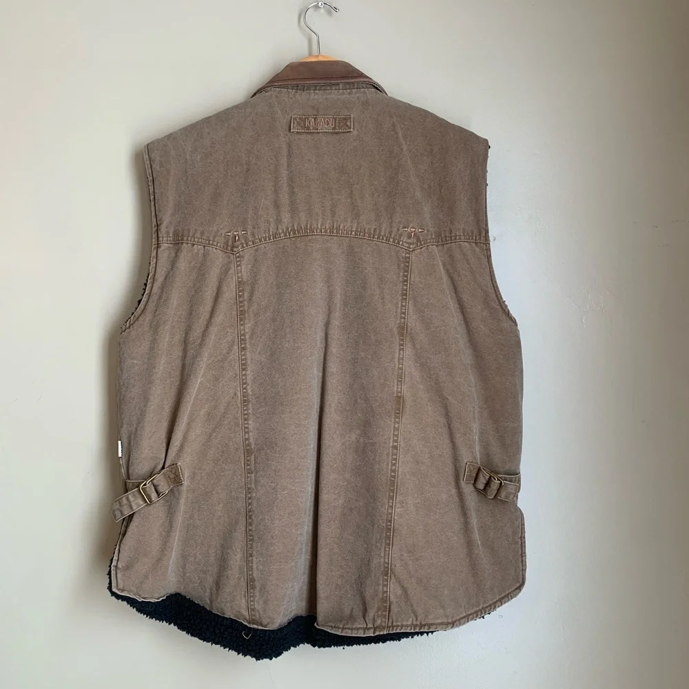 Kakadu Traders Australia Vest Brown Canvas Sherpa Lined  Leather Collar